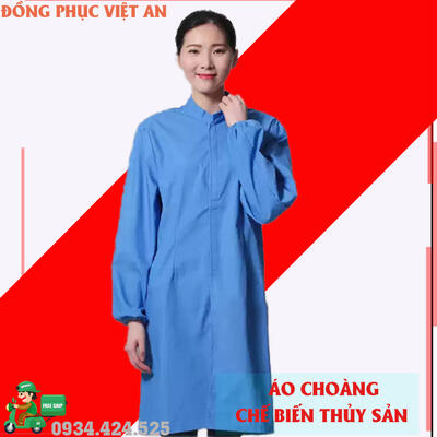 Áo Choàng Thực Phẩm Màu Xanh Biển Cổ Trụ Dài Tay  ACTPVA21
