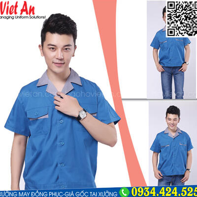 Quần Áo Bảo Hộ Lao Động Ngắn Tay Xanh Dương Viền Xám QANTVA17