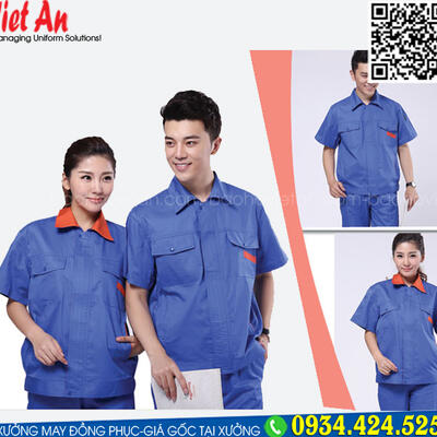 Áo Bảo Hộ Lao Động Ngắn Tay Xanh Dương Phối Cam QANTVA37