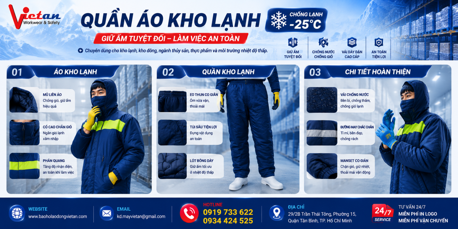 Mẫu quần áo kho lạnh -25°C chuyên dụng cho người làm việc trong môi trường kho đông và nhiệt độ thấp.