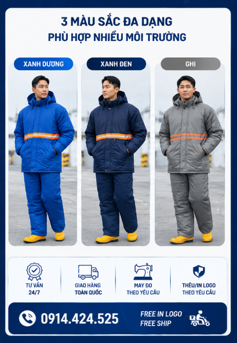 Các mẫu quần áo bảo hộ kho lạnh với nhiều lựa chọn màu sắc, giúp doanh nghiệp dễ dàng lựa chọn trang phục phù hợp với môi trường làm việc và đồng bộ hình ảnh đội ngũ.
