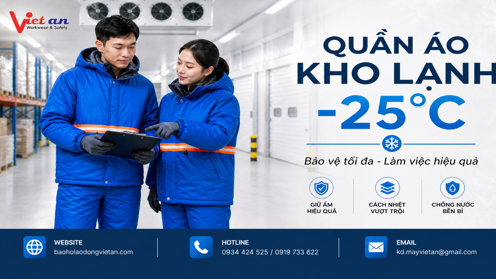 Quần áo kho lạnh âm 25 độ được thiết kế chuyên dụng giúp giữ ấm và hỗ trợ bảo vệ người lao động khi làm việc trong môi trường kho lạnh, kho đông và nhiệt độ thấp.