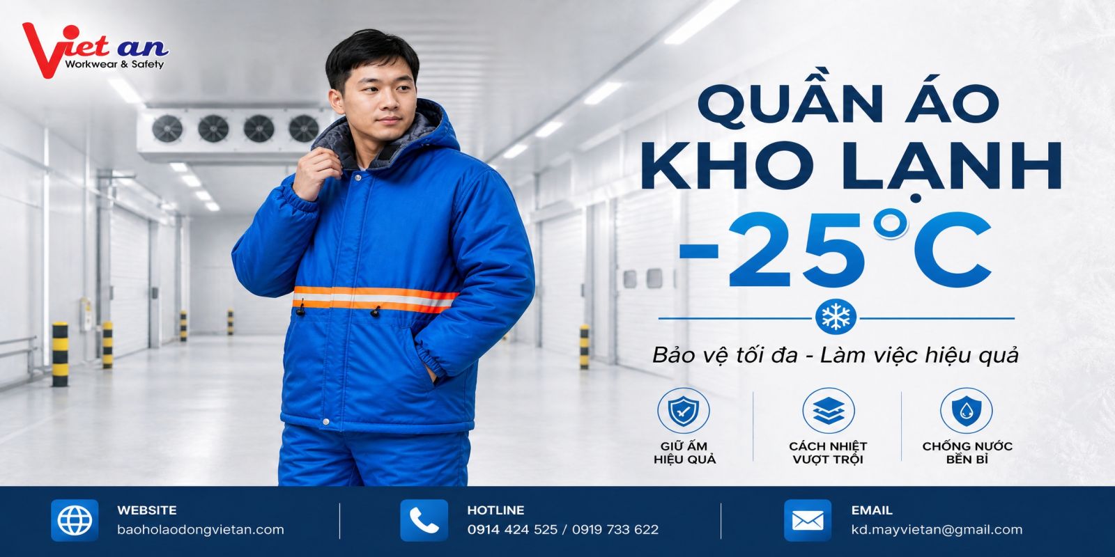 Quần áo kho lạnh âm 25 độ được thiết kế chuyên dụng giúp giữ ấm và hỗ trợ bảo vệ người lao động khi làm việc trong môi trường kho lạnh, kho đông và nhiệt độ thấp.